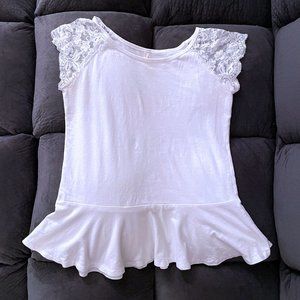 Basic White Peplum T-Shirt -w- Lace - Juniors Sz L